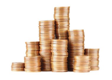 Beyaz üzerine izole edilmiş farklı madeni para yığınları