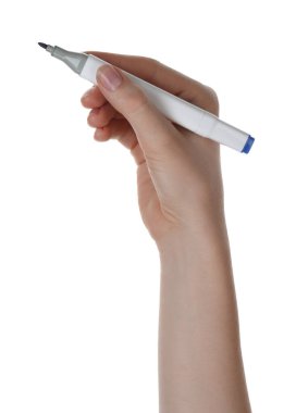 Beyaz arkaplanda çift taraflı işaretli kadın, yakın plan