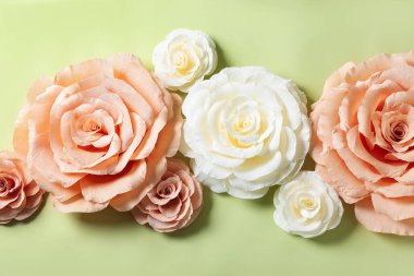 Açık yeşil zemin üzerinde güzel kağıt çiçekler, düz uzanmış