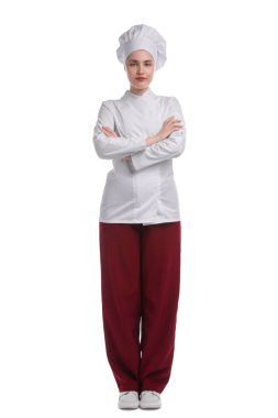 Beyaz arka planda çapraz kolları olan üniformalı bir şekerci.