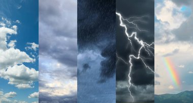 Tahmin konsepti. Farklı hava koşullarına sahip fotoğrafların kolajı