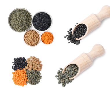 Beyaza izole edilmiş farklı türde mercimek. Üst görünüm