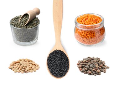 Beyaza izole edilmiş farklı türde mercimek.