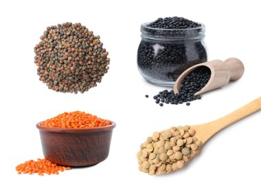 Beyaza izole edilmiş farklı türde mercimek.