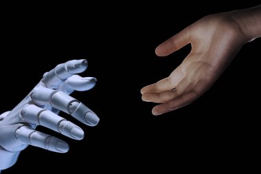 Yapay zeka. Kadın ve robot elleri siyah arkaplanda birbirine uzanıyor.