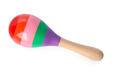 Renkli oyuncak Maraca beyazda izole edilmiş, üst manzara. Çocukların müzik aleti.