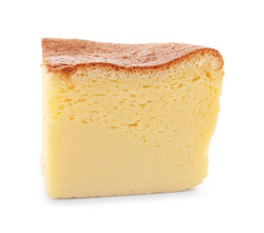 Piece of tasty Japanese Castella sponge cake isolated on white