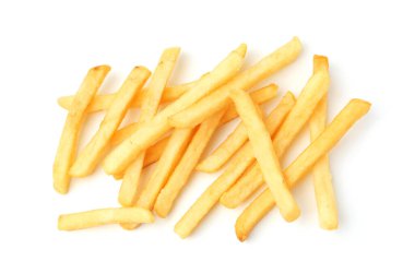 Many delicious French fries isolated on white, top view