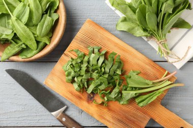 Gri ahşap masada taze kuş yaprakları ve bıçak kes, düz uzan.