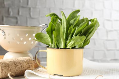 Tabakta taze kuş yaprakları, sicim ve kevgir.