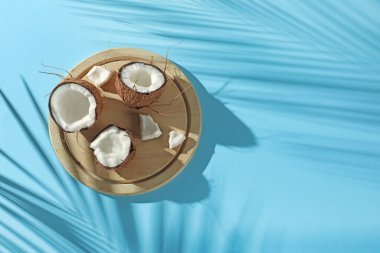 Taze hindistan cevizleri ve açık mavi arka planda tropikal palmiyelerin oluşturduğu gölge. Metin için boşluk