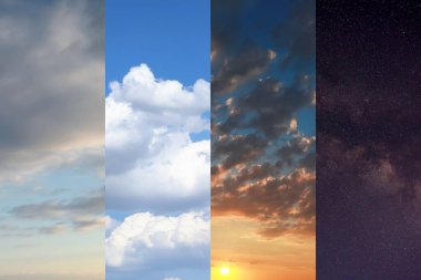 Günün farklı saatlerinde güzel bir gökyüzü. Günbatımı, gün doğumu, gece, sabah