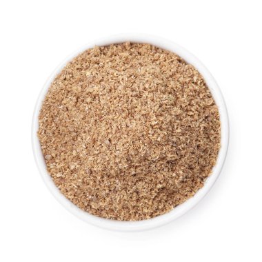 Süper yemek. Kasede kişniş tozu var, beyaz, üst görünümde izole edilmiş.