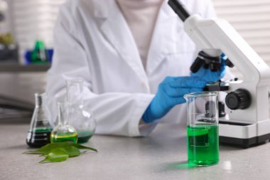 Biyokimya. Laboratuvarda, gri masada bitki ve sıvılarla çalışan bilim adamı.