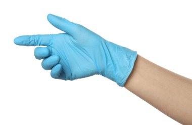 Beyaz arka planda tıp eldivenli doktor, yakın plan.