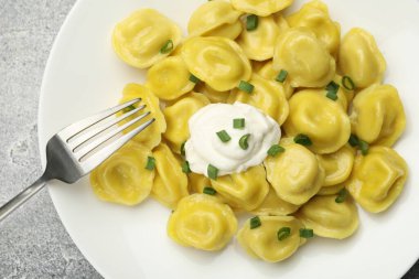 Yeşil soğanlı lezzetli börekler, ekşi krema ve çatal gri desenli masa, üst manzara.