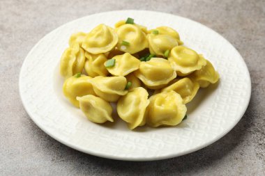 Gri desenli masada yeşil soğanlı lezzetli börekler, yakın plan.