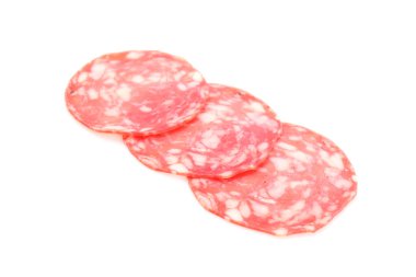 Slices of tasty smoked sausage on white background