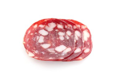 Slices of tasty smoked sausage on white background