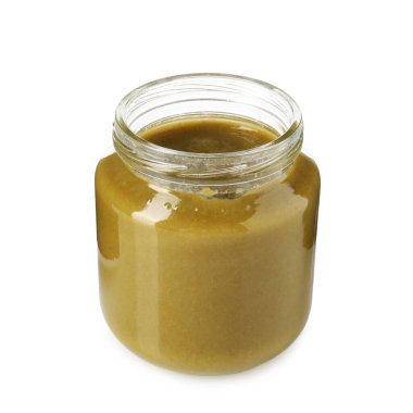 Bebek maması. Cam kavanozdaki lezzetli püre beyaza izole edilmiş.