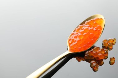 Gri ayna yüzeyinde kırmızı havyar, yakın plan. Metin için boşluk