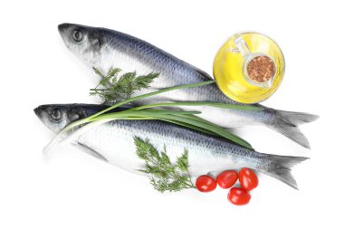 Tuzlu ringa balıkları, yeşil soğanlar, dereotu, yağ ve domatesler beyaz arka planda, üst manzara