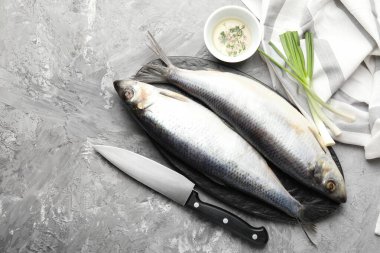 Tuzlu ringa balıkları, baharatlar ve bıçak gri masada, düz yerde. Metin için boşluk