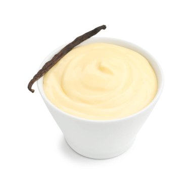 Lezzetli vanilyalı puding ve kabın içindeki kapsül beyaza izole edilmiş.