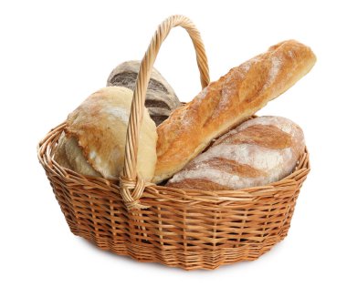 Sepetteki farklı somunlar beyaza izole edilmiş.