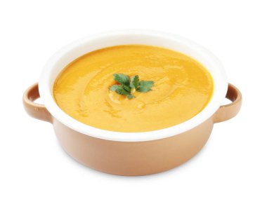 Beyaz maydanozlu lezzetli mercimek kremalı çorba.