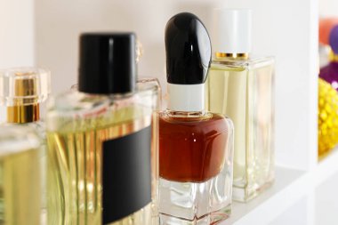 Dükkandaki raflarda farklı lüks parfüm şişeleri var.
