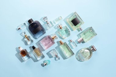 Bottles of various perfumes on light blue background, flat lay