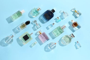 Bottles of various perfumes on light blue background, flat lay