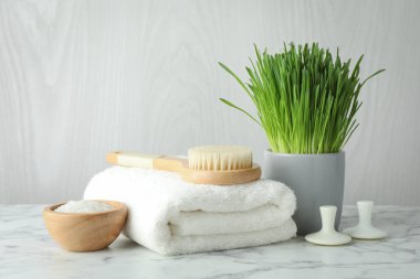 Spa composition with wheatgrass on white marble table. Space for text