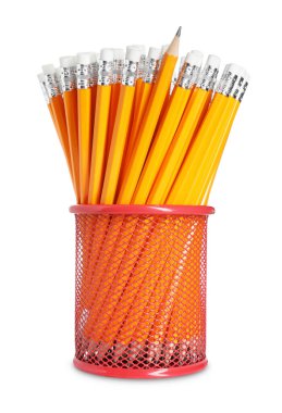 Many pencils in holder isolated on white