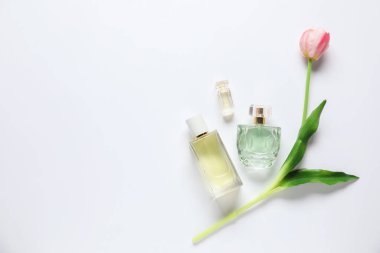 Parfüm şişeleri ve beyaz arka planda güzel çiçekler. Metin için boşluk