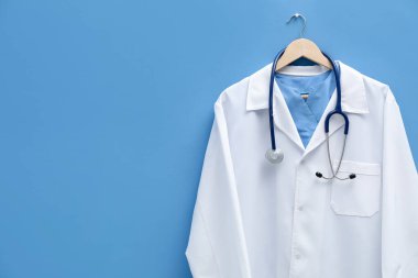 Mavi arka planda steteskoplu doktor ceketi. Metin için boşluk
