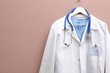 Doktor ceketi, steteskop ve rozeti bej arka planda asılı. Metin için boşluk