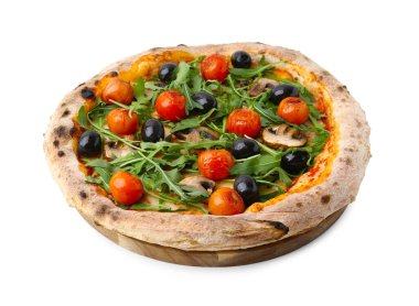 Kirazlı, domatesli, siyah zeytinli, mantarlı ve roka aromalı lezzetli pizza.