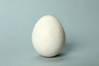 Açık gri arka planda kırık kabuklu bir yumurta, yakın plan.