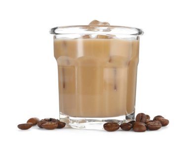 Coffee cream liqueur with ice in glass and beans isolated on white