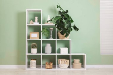 Salonda zeytin duvarının yanında dekorasyonu olan raf ünitesi.