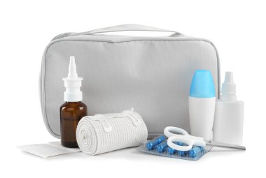 First aid kit. Different medical supplies isolated on white