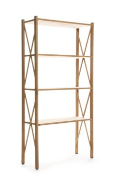 Boş ahşap raf ünitesi beyaz üzerine izole