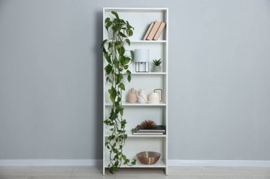 Ev bitkileri ve gri duvarın yanındaki diğer dekorları rafa kaldırıyorum.