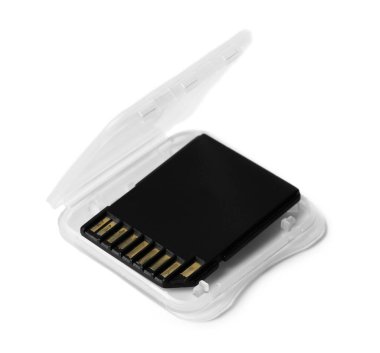 Kullanıcı içindeki SD bellek kartı beyaz üzerine izole