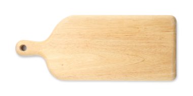 Bir tahta servis tahtası beyaza izole edilmiş, üst manzara. Metin için boşluk