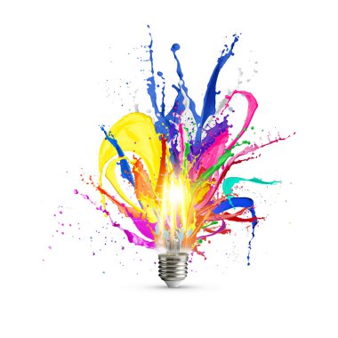 Fikir konsepti. Beyaz arka planda parlayan ampulden süzülen parlak boya damlaları