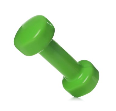 Beyaza izole edilmiş yeşil bir dambıl. Spor malzemeleri.