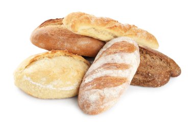 Farklı somunlar, taze pişmiş ekmek, beyaz üzerine izole edilmiş.